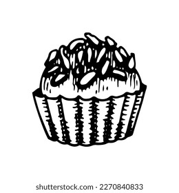 Chocolate sweets sketch. Confectionery food, candy, truffle. Delicious dessert. Candies with sprinkles. Yummy. Cocoa bean product. Hand drawn vector doodle illustration.