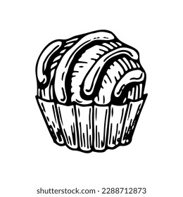 Chocolate sweets sketch. Confectionery food, candy, truffle. Delicious dessert. Candies with sprinkles. Yummy. Cocoa bean product. Hand drawn vector doodle illustration.