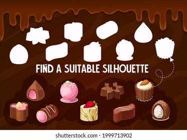 Chocolate sweets, truffle candies, praline find a silhouette riddle game. Shadow match vector maze for kids, choose correct dessert shade children logic activity. Cartoon worksheet for child learning