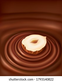 chocolate swirl background with fresh hazelnut