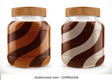 Chocolate swirl in glass jar. 3d vector realistic mockup