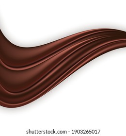 Chocolate swirl wave isolated on white background. Dark brown creamy chocolate, design element with wavy silk texture and realistic curtain drapery. Vector illustration
