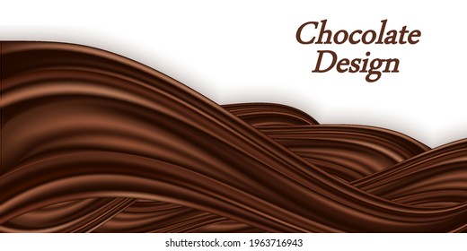 Chocolate swirl wave on white background. Smooth satin texture, creamy chocolate  color flow. Twisted dark bron waves, border for poster or banner. Vector illustration