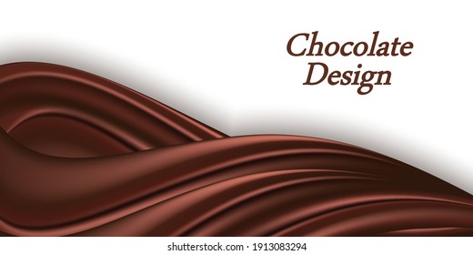 Chocolate Swirl Wavy Background. Ceamy Chocolate Wave Border For Banner Or Poster Design. Smooth Color Flow With Realistic Glossy Texture. Vector Illustration,