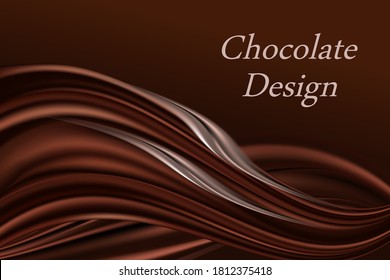 Chocolate swirl wavy background, dark brown color flowing waves with smooth silk texture. Abstract design for poster or banner decoration. Vector illustration