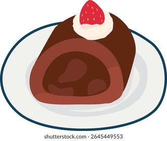 Chocolate Swiss Roll Cake with Strawberry Topping | Cute Vector Dessert Illustration