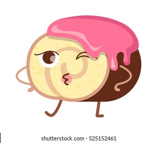 Chocolate swiss roll with pink topping. Cool cartoon character. Rosy cream flowing on round bun. Fresh confectionery concept. Piece of cut roll. Fresh bakery concept. Flat design. Vector illustration