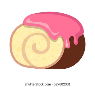 Chocolate swiss roll with pink topping. Rosy cream flowing on round bun. Fresh confectionery concept. Piece of cut roll in simple cartoon style. Light yellow center. Side view. Flat design. Vector