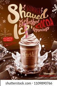 Chocolate syrup ice shaved ads with creamy topping and splashing ice cubes in 3d illustration