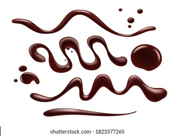 Chocolate syrup isolated. Chocolated sauce swirls, closeup cocoa cream syrups twirls and drops for tasty gourmet confectionery food decoration