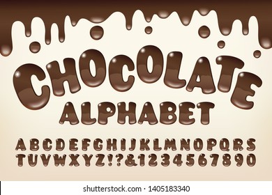 A chocolate syrup styled alphabet with gooey melted drips and rounded letter shapes