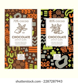 ETIQUETAS DE CHOCOLATE SOBRE EL ABSTRACTO PACK Vintage Colorful Figures Doodle En Plantillas De Estilo Africano Empaquetar Diseño Y Etiquetas Con Vector De Vasos De Cacao Dibujado A Mano