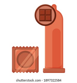 Schokoladengeschmack und Farbverpackung Kondom-Etikett, Konzept Latex Kontrazeptivum Symbol, flache Vektorgrafik, einzeln auf Weiß. Schutz von Geschlechtskrankheiten, sicherer Sex.