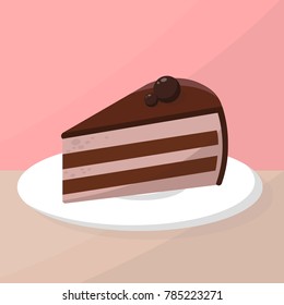 Chocolate tasty cake on plate in restaurant or cafe vector flat art illustration.