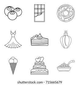 Chocolate tasty food icons set. Outline set of 9 chocolate tasty food vector icons for web isolated on white background