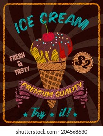 Chocolate tasty ice-cream with cherry chocolate topping in cone wafer cup vector illustration