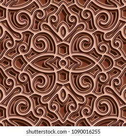 Chocolate texture with curly ornament, swirly vector seamless pattern