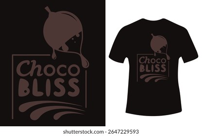 Um design de camiseta com tema de chocolate com um gráfico de chocolate gotejante e as palavras 'Choco Bliss' em uma fonte estilizada.