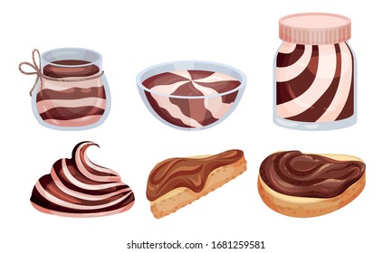 Chocolate Thick Paste in Bowl and Spreaded on Bread Vector Set