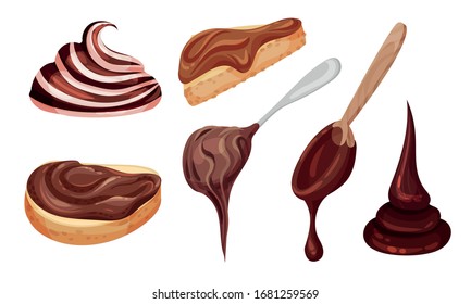 Chocolate Thick Paste on Spoon and Spreaded on Bread Vector Set