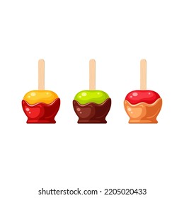 Chocolate, toffee and caramel candy apples set. Flat vector illustration isolated on white background. Halloween trick or treat sweets for web, mobile app, print, greeting card and other design 