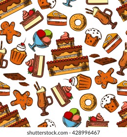 Chocolate treats seamless pattern with fruits and cream, glazed raisin muffins and donuts, sundae ice cream and irish coffee, gingerbread men cookies and chocolate bars