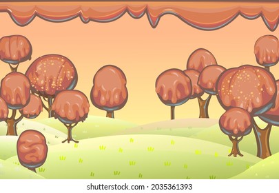 Chocolate trees landscape. Fairy tale garden. Summer fantasy scene. Perspiration. Cartoon style. Sky. Childrens dream illustration. Vector.