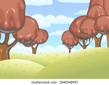 Chocolate trees landscape. Fairy tale garden. Summer fantasy scene. Perspiration. Cartoon style. Childrens dream illustration. Vector.