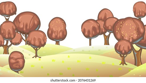 Chocolate trees landscape. Fairy tale garden. Summer fantasy scene. Perspiration. Cartoon style. Childrens dream isolated illustration. Vector.