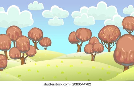 Chocolate trees landscape. Fairy tale garden. Summer fantasy scene. Perspiration. Cartoon style. Clouds. Childrens dream illustration. Vector.