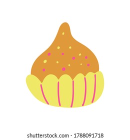 Chocolate truffle. Hand drawn sweet food cartoon vector illustration isolated on white background. Yellow and pink colors. Great for kids design.