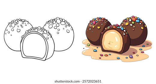 Chocolate Truffle Line Art Vector Illustration Black and White with Coloring Sample. Bold and Easy Food, Sweets, Drinks, Dessert, and Snacks Coloring Pages for Adults and Kids.