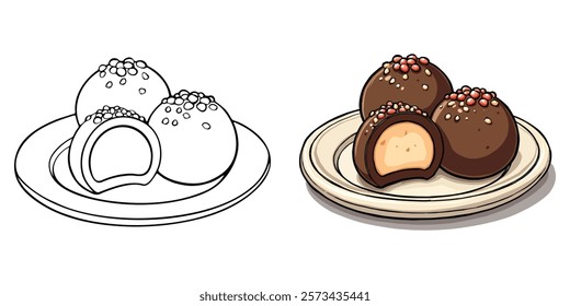 Chocolate Truffle Line Art Vector Illustration Black and White with Coloring Sample. Bold and Easy Food, Sweets, Drinks, Dessert, and Snacks Coloring Pages for Adults and Kids.