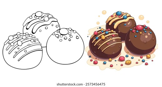 Chocolate Truffle Line Art Vector Illustration Black and White with Coloring Sample. Bold and Easy Food, Sweets, Drinks, Dessert, and Snacks Coloring Pages for Adults and Kids.