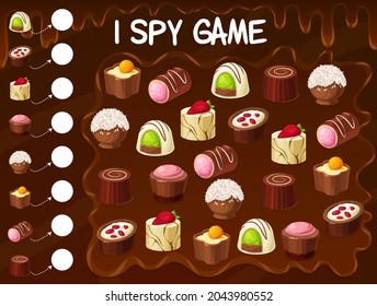 Chocolate truffle, roasted nuts candy, praline sweets kids spy game. Vector educational puzzle, how many sweet desserts task for baby numeracy and attention skills development, cartoon riddle page