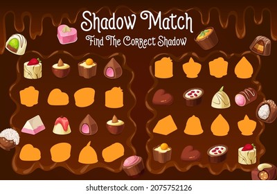 Chocolate truffle, roasted nuts candy, praline sweets shadow match kids game. Find correct silhouette of desserts children logic activity. Cartoon worksheet, riddle for mind development and education