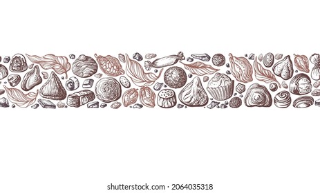 Chocolate truffles with cocoa branch. Vector stripe, texture seamless pattern. Choco powder, sweet praline, sugar bonbon . Hand drawn illustration on white background