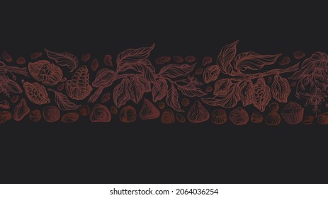 Chocolate truffles with cocoa branch. Vector stripe, seamless pattern. Choco powder, sweet praline, sugar bonbon . Art sketch, vintage illustration for sweet-shop, cafe. Homemade candy