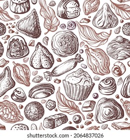 Chocolate truffles with cocoa branch. Vector texture seamless pattern. Choco powder, sweet praline, sugar bonbon, coffee cake. Hand drawn illustration on white background