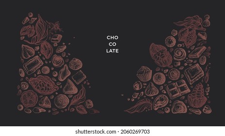 Chocolate truffles with cocoa powder, praline, bonbon . Vector sketch of graphic sweet fruit, beans. Vintage illustration for sweet-shop, cafe. Homemade candy