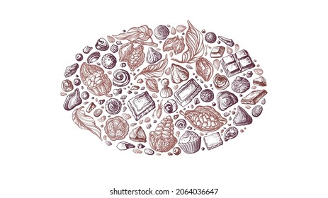 Chocolate truffles with cocoa powder, praline, bonbon in oval . Vector sketch of graphic sweet fruit, bean, nut. Vintage illustration for sweet-shop, cafe. Homemade candy