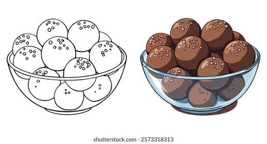 Chocolate Truffles Line Art Vector Illustration Black and White with Coloring Sample. Bold and Easy Food, Sweets, Drinks, Dessert, and Snacks Coloring Pages for Adults and Kids.