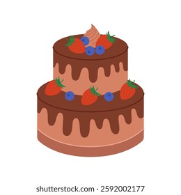 Chocolate two tier cake with strawberries, blueberries and cream. Dessert for birthday, anniversary. Sweet holiday baking for greeting card. Vector flat illustration isolated on white background