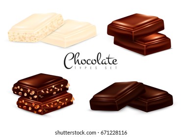Chocolate types set of isolated images with pieces of dark white and milk chocolate with nuts vector illustration