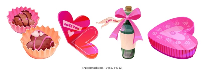Chocolate Valentine day set with candy in gift box. Wine, sweet food present and cute ribbon element isolated on white background. Variety romantic surprise clipart for shopping and celebration