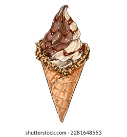 Chocolate y vainilla (2 tonos) crema blanda en vectores de cono de wafer aislados
