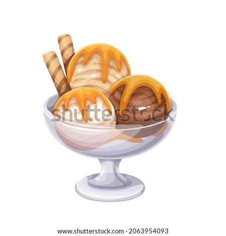 Chocolate and vanilla balls ice cream with topping and wafer rolls in glass bowl vector illustration