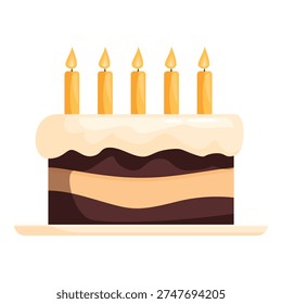 Chocolate and vanilla birthday cake with five lit candles and icing, celebrating a special occasion