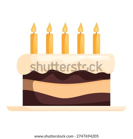 Chocolate and vanilla birthday cake with five lit candles and icing, celebrating a special occasion