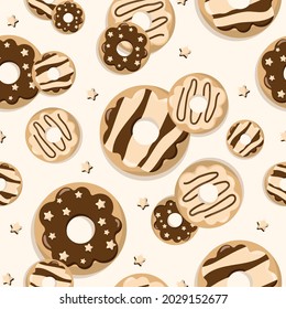 Chocolate vanilla delicious donuts with sprinkles and icing pattern